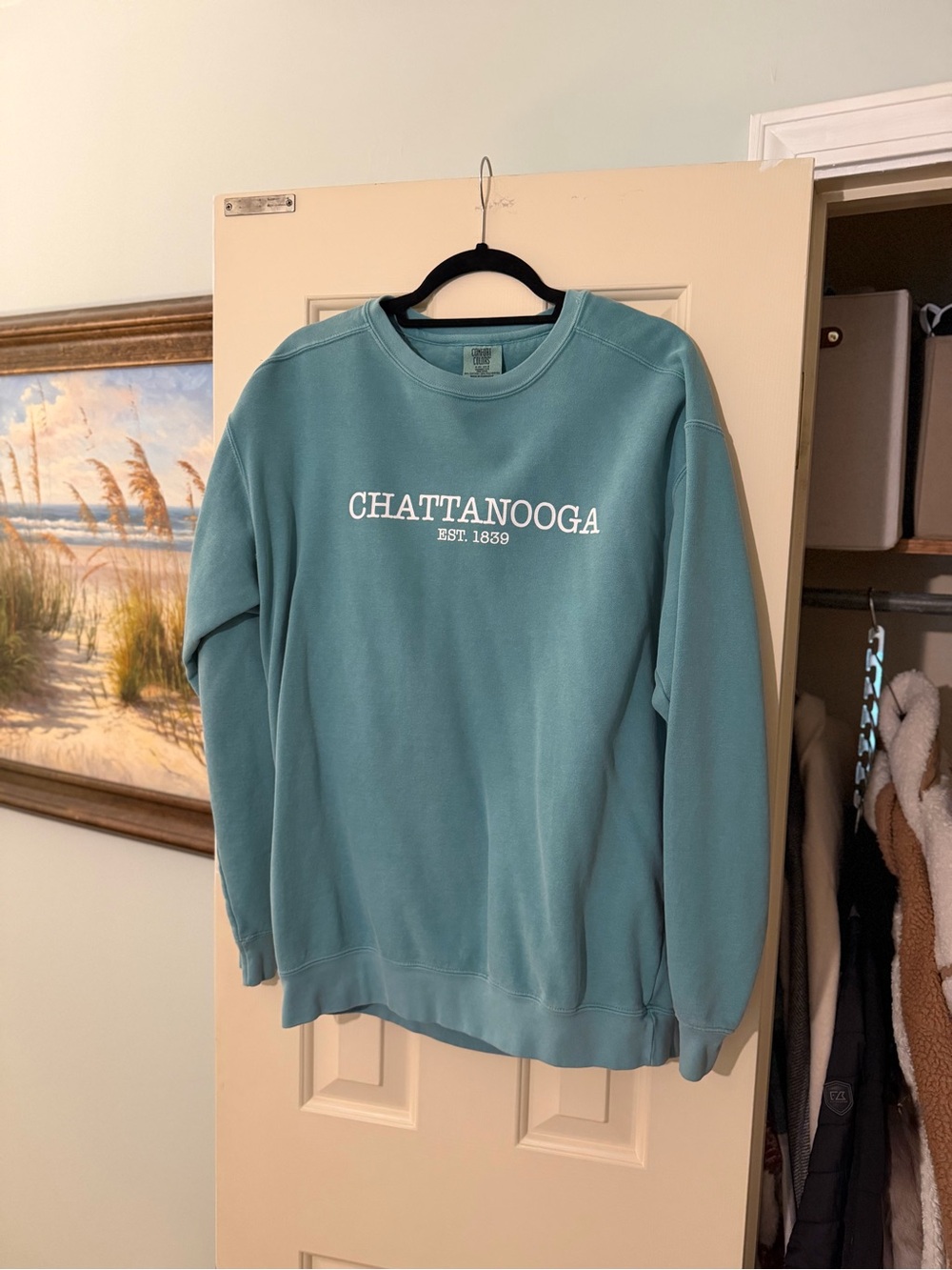Comfort Colors Crewneck Sweatshirt - Teal Blue with White Chest Print